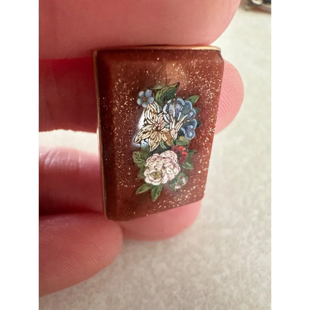 Antique Victorian Florentine floral pietra dura 18kt gold framed brooch pin - Picture 5 of 9